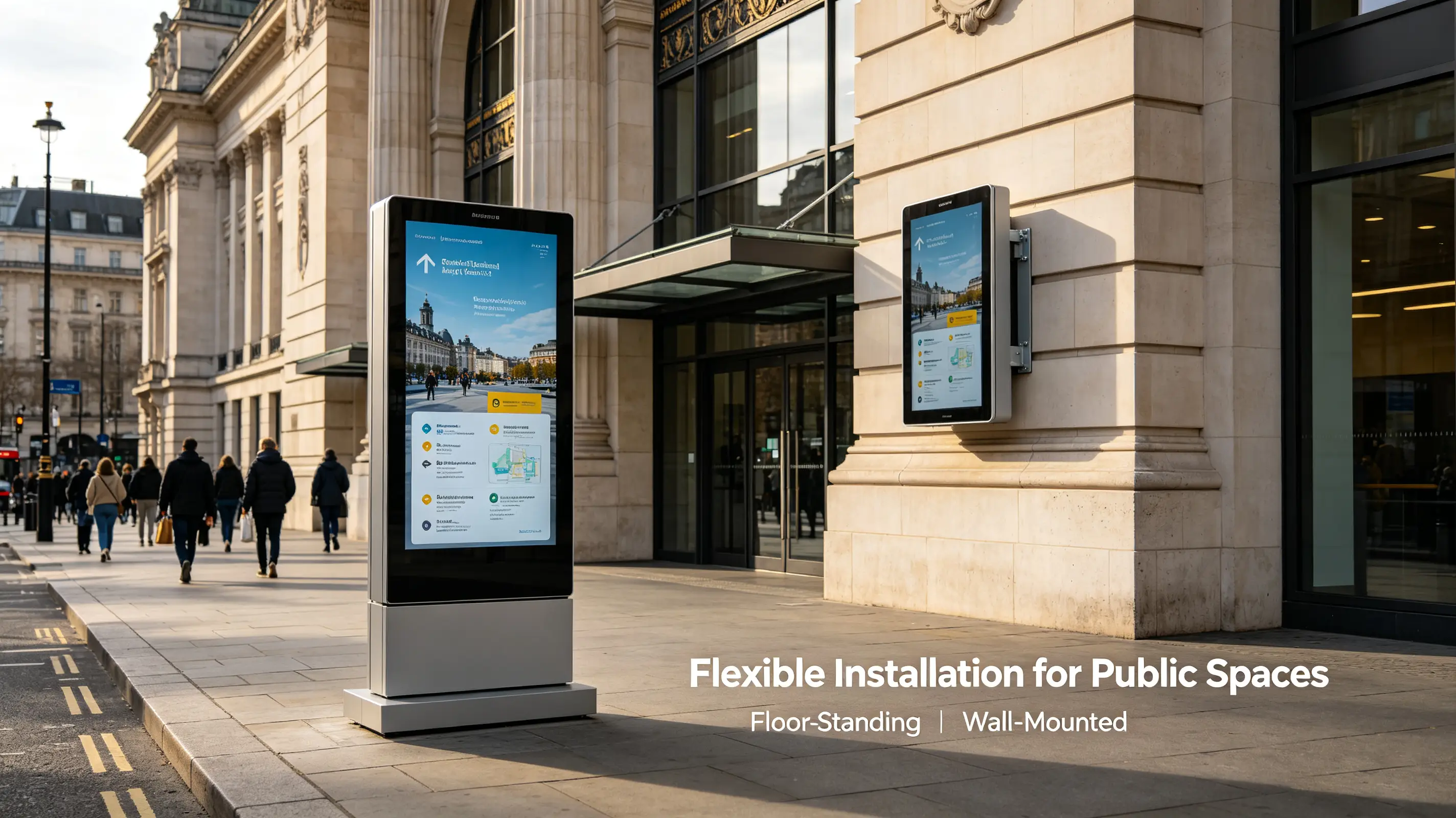Floor standing and wall-mounted outdoor digital signage two installation styles
